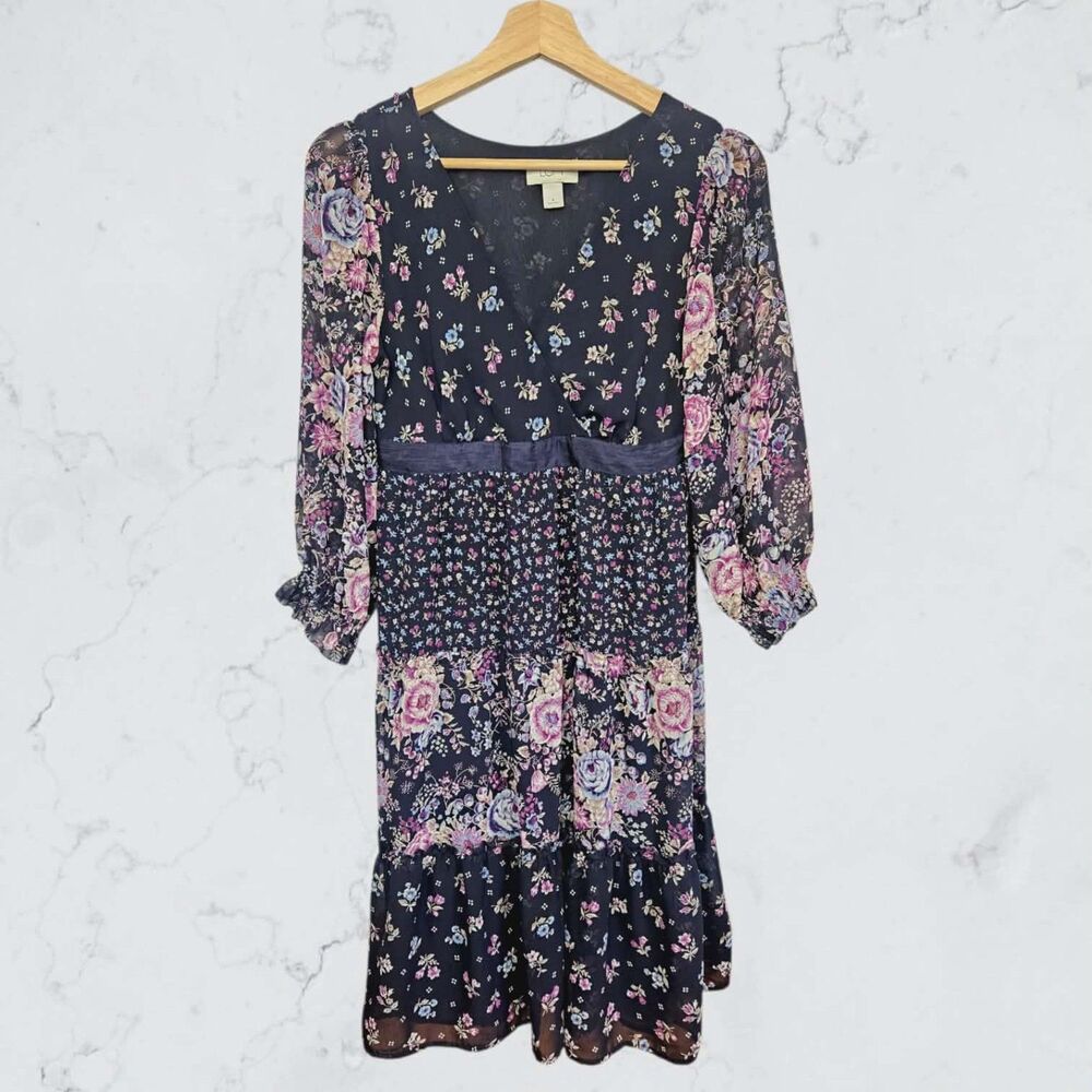 Ann Taylor Loft Navy Blue & Pink Floral Patchwork Boho Cottagecore Dress